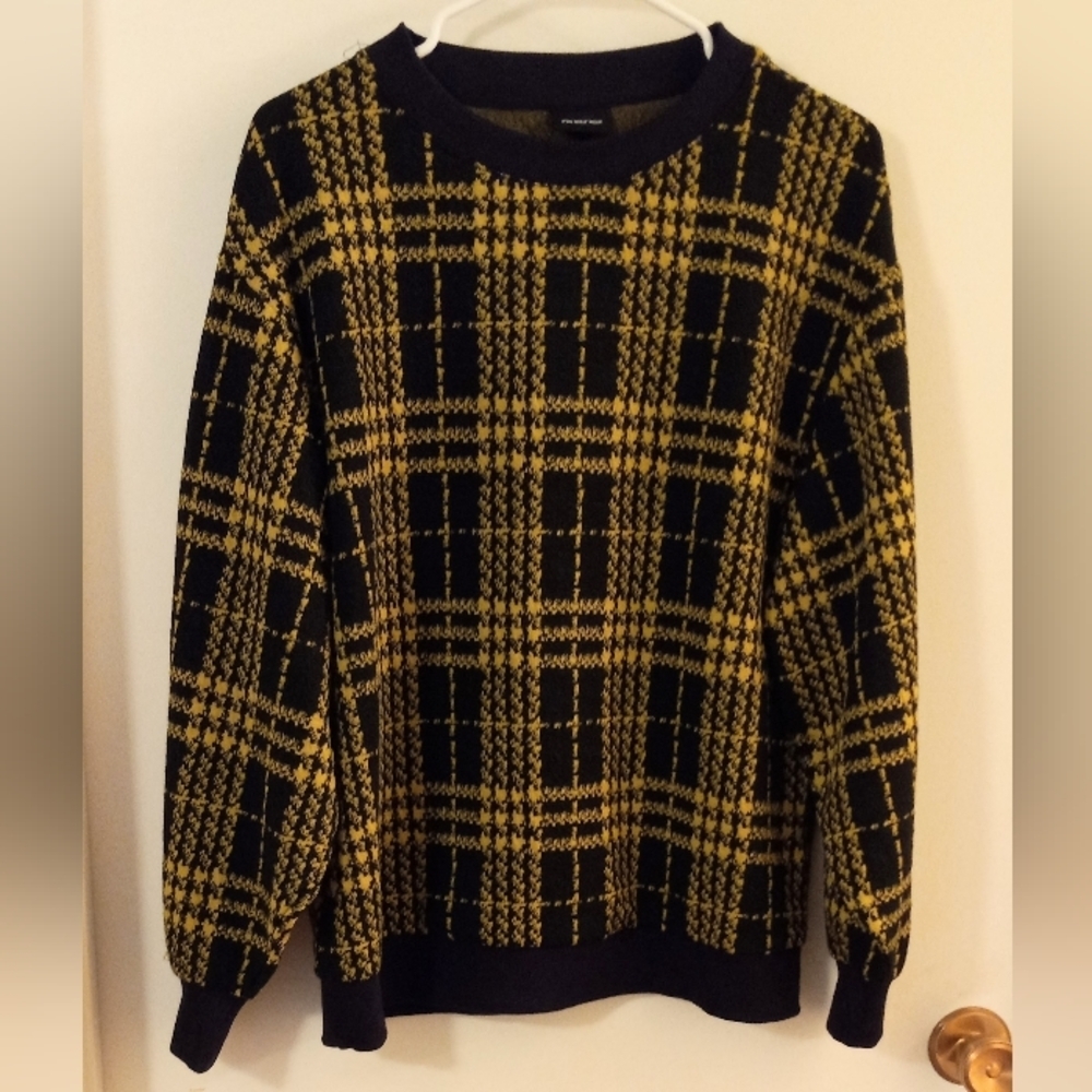 Who What Wear, Unisex Black & Yellow Plaid Sweater Medium